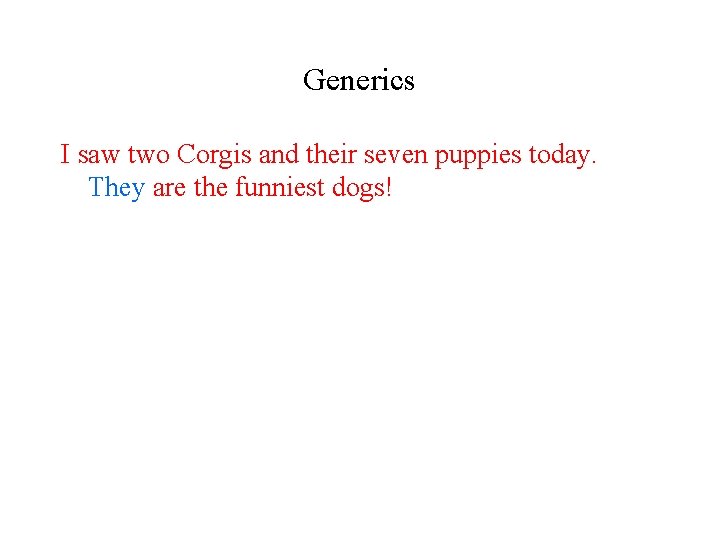 Generics I saw two Corgis and their seven puppies today. They are the funniest