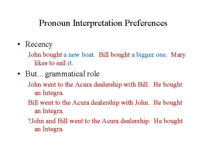 Pronoun Interpretation Preferences • Recency John bought a new boat. Bill bought a bigger
