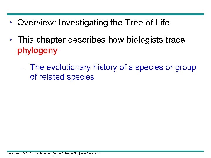  • Overview: Investigating the Tree of Life • This chapter describes how biologists