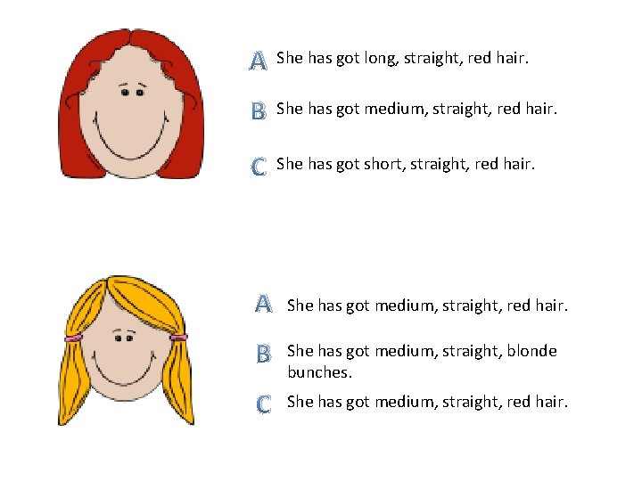 A She has got long, straight, red hair. B She has got medium, straight,