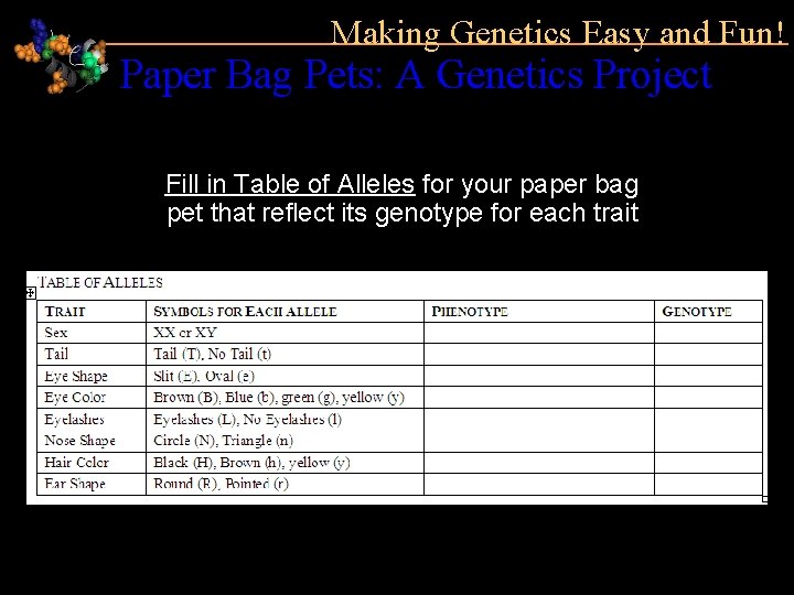 Making Genetics Easy and Fun! Paper Bag Pets: A Genetics Project Fill in Table