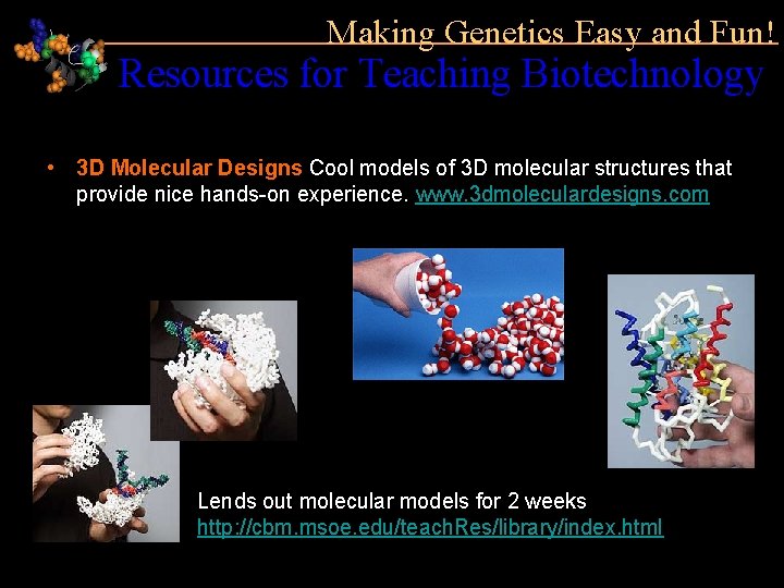 Making Genetics Easy and Fun! Resources for Teaching Biotechnology • 3 D Molecular Designs