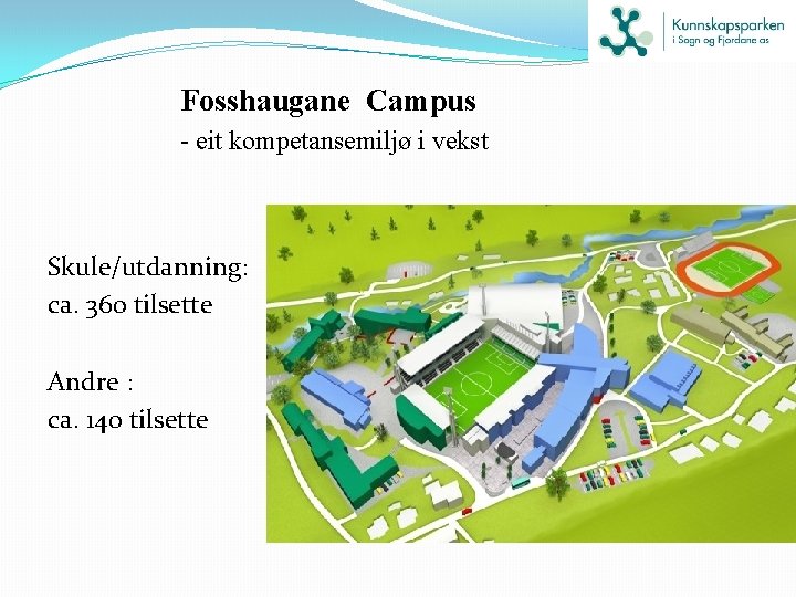 Fosshaugane Campus - eit kompetansemiljø i vekst Skule/utdanning: ca. 360 tilsette Andre : ca.