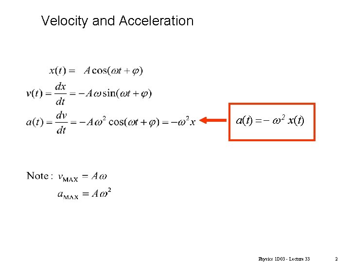 Velocity and Acceleration a(t) =- w 2 x(t) Physics 1 D 03 - Lecture