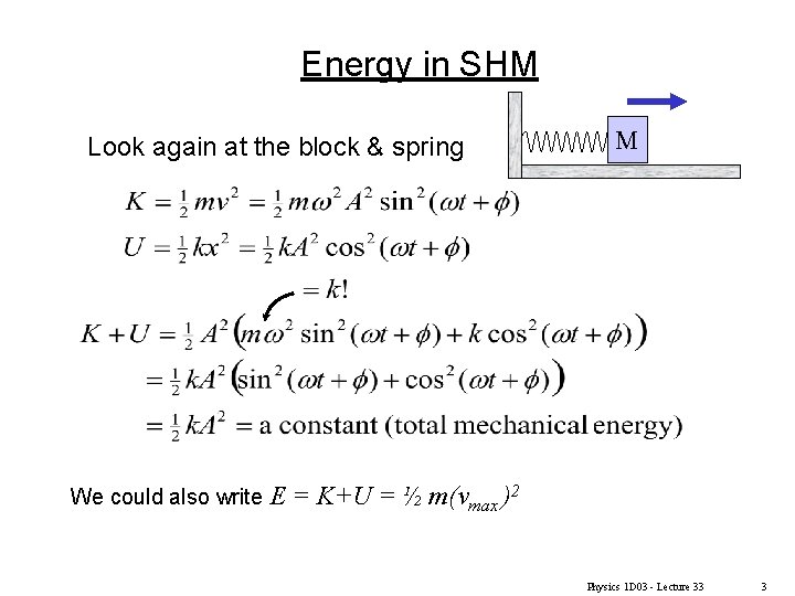 Energy in SHM Look again at the block & spring We could also write