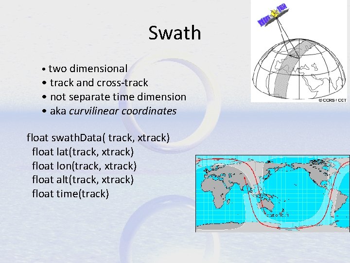 Swath • two dimensional • track and cross-track • not separate time dimension •