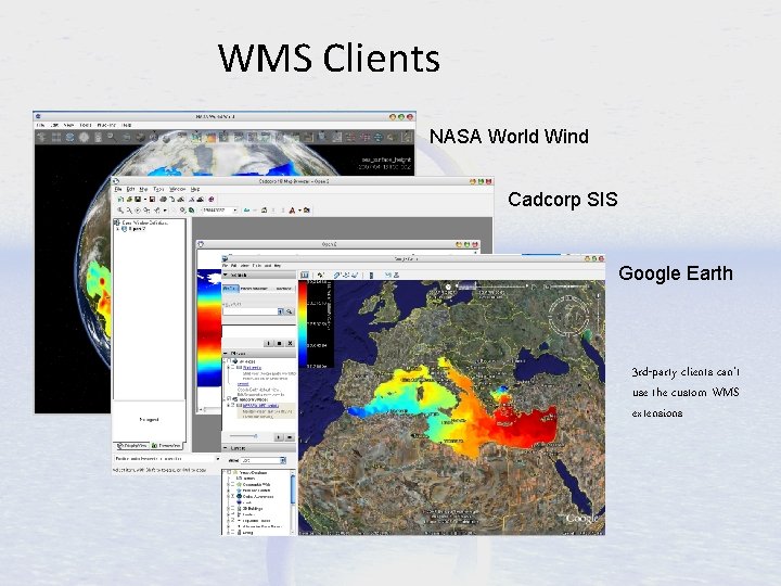 WMS Clients NASA World Wind Cadcorp SIS Google Earth 3 rd-party clients can’t use