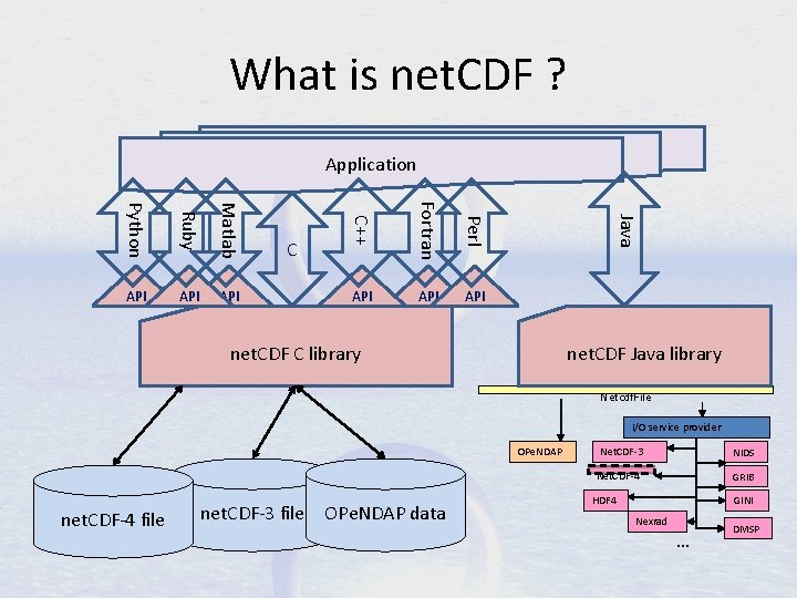 What is net. CDF ? Application API API Java Perl Matlab API Fortran Ruby