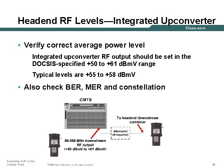 Headend RF Levels—Integrated Upconverter • Verify correct average power level Integrated upconverter RF output