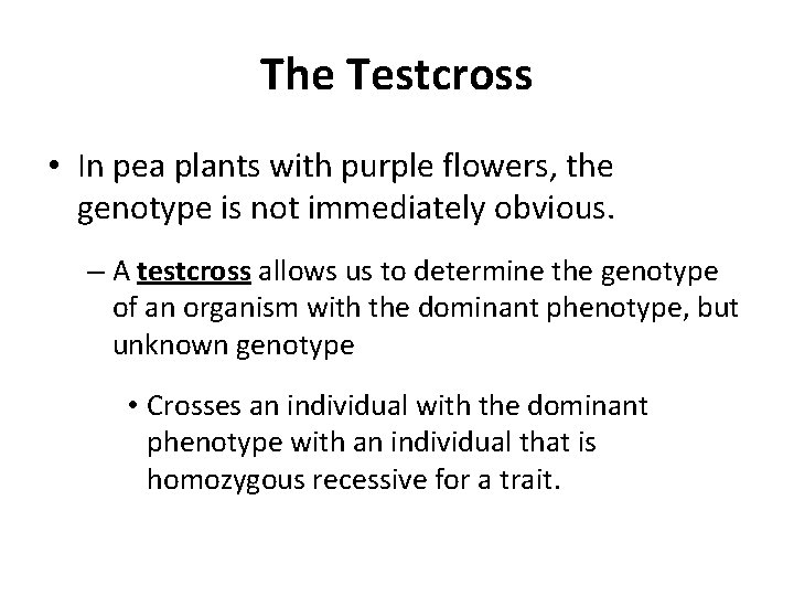 The Testcross • In pea plants with purple flowers, the genotype is not immediately