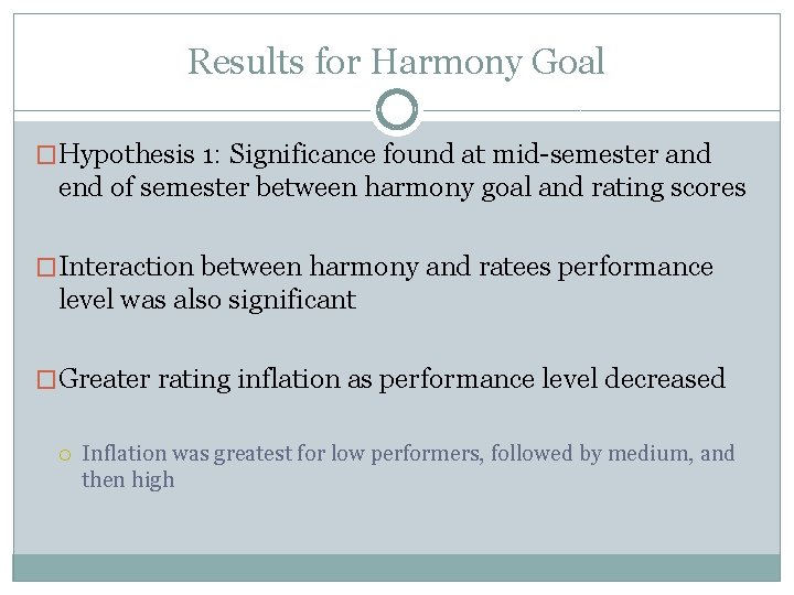 Results for Harmony Goal �Hypothesis 1: Significance found at mid-semester and end of semester