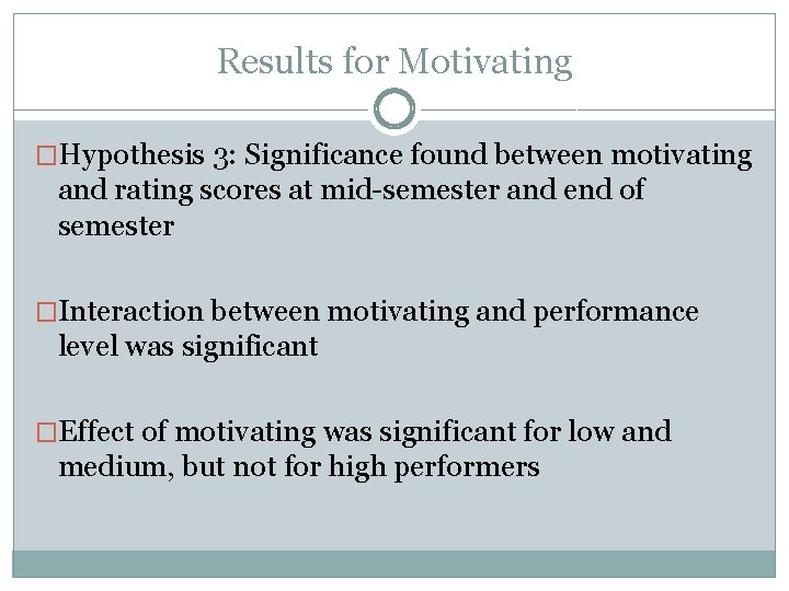 Results for Motivating �Hypothesis 3: Significance found between motivating and rating scores at mid-semester