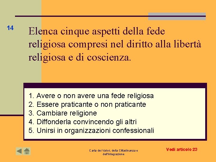 14 Elenca cinque aspetti della fede religiosa compresi nel diritto alla libertà religiosa e 14 Elenca cinque aspetti della fede religiosa compresi nel diritto alla libertà religiosa e