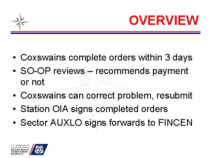 OVERVIEW • Coxswains complete orders within 3 days • SO-OP reviews – recommends payment