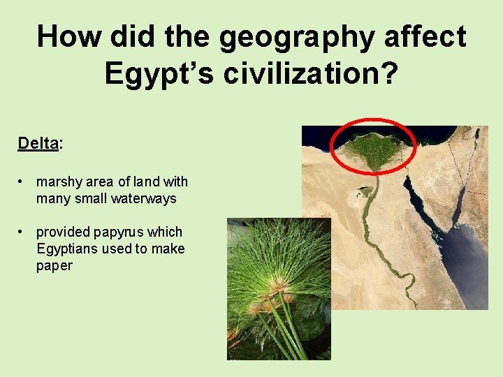 How did the geography affect Egypt’s civilization? Delta: • marshy area of land with