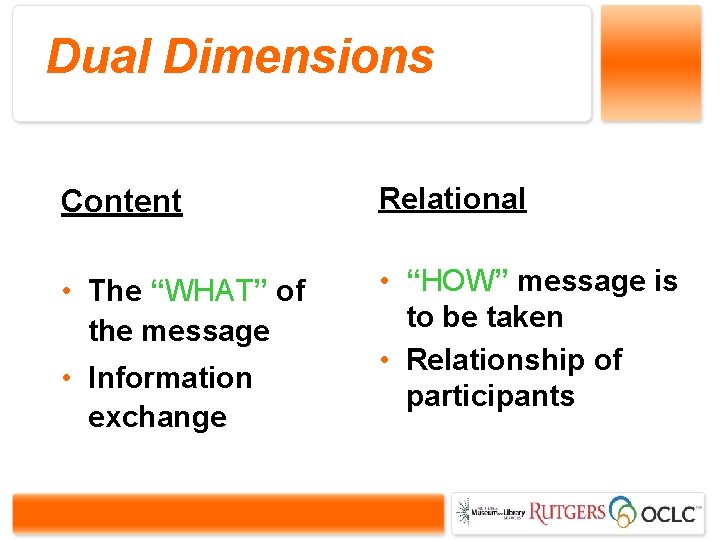 Dual Dimensions Content Relational • The “WHAT” of the message • “HOW” message is