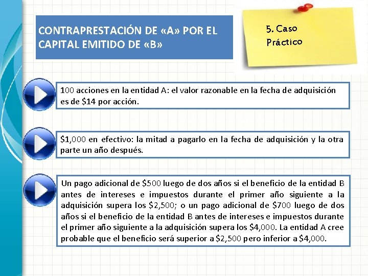 CONTRAPRESTACIÓN DE «A» POR EL CAPITAL EMITIDO DE «B» 5. Caso Práctico 100 acciones CONTRAPRESTACIÓN DE «A» POR EL CAPITAL EMITIDO DE «B» 5. Caso Práctico 100 acciones