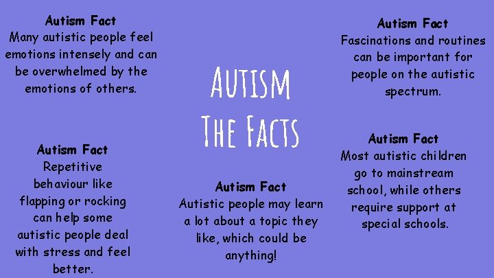 Autism Fact Many autistic people feel emotions intensely and can be overwhelmed by the