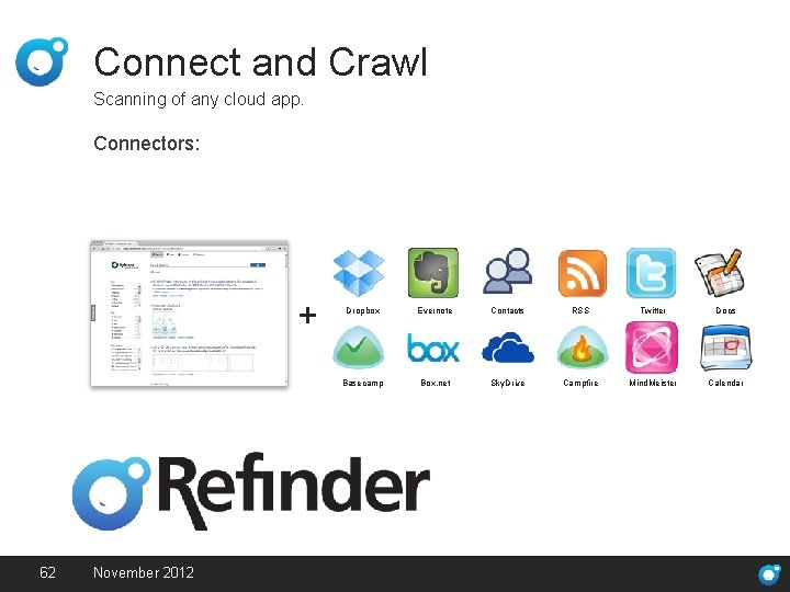 Connect and Crawl Scanning of any cloud app. Connectors: + 62 November 2012 Dropbox