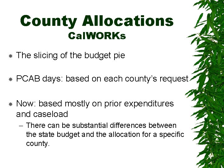 County Allocations Cal. WORKs The slicing of the budget pie PCAB days: based on