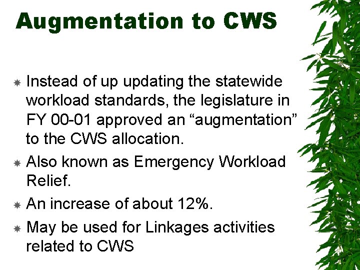 Augmentation to CWS Instead of up updating the statewide workload standards, the legislature in