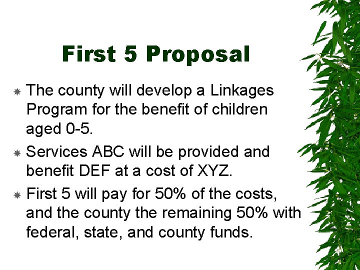 First 5 Proposal The county will develop a Linkages Program for the benefit of