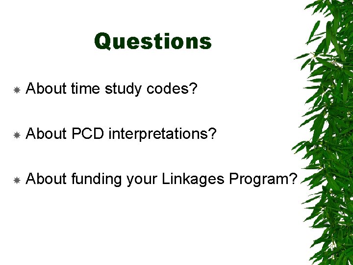 Questions About time study codes? About PCD interpretations? About funding your Linkages Program? 