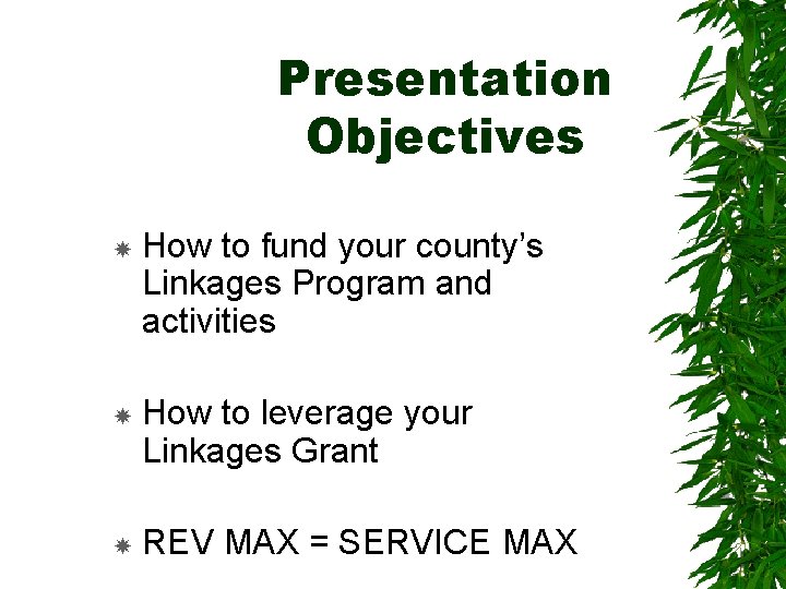 Presentation Objectives How to fund your county’s Linkages Program and activities How to leverage