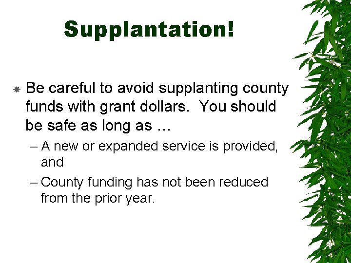 Supplantation! Be careful to avoid supplanting county funds with grant dollars. You should be