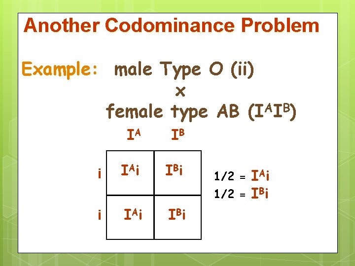 Another Codominance Problem Example: male Type O (ii) x female type AB (IAIB) IA