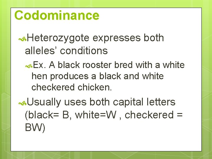 Codominance Heterozygote expresses both alleles’ conditions Ex. A black rooster bred with a white