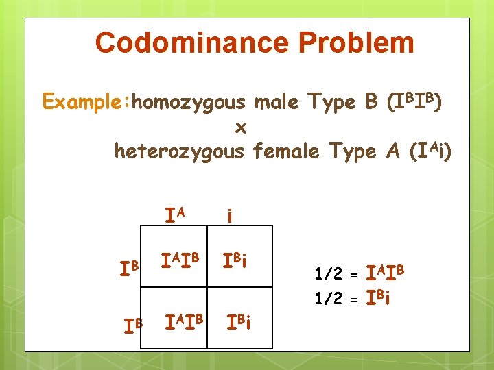 Codominance Problem Example: homozygous male Type B (IBIB) x heterozygous female Type A (IAi)