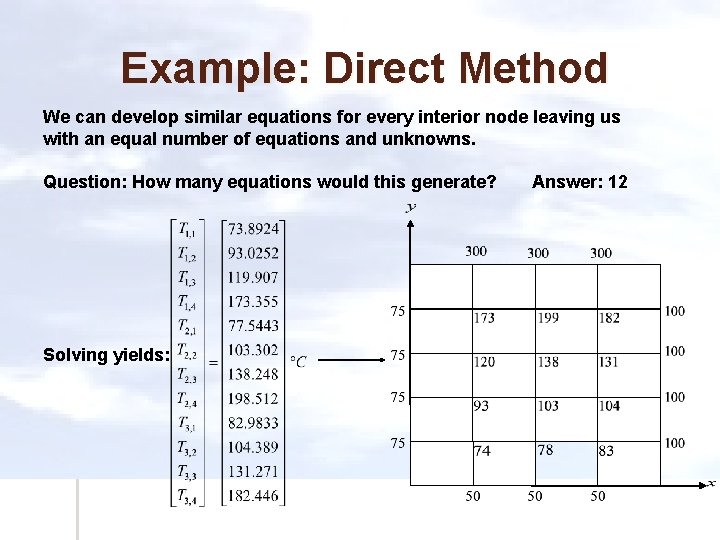 Example: Direct Method We can develop similar equations for every interior node leaving us