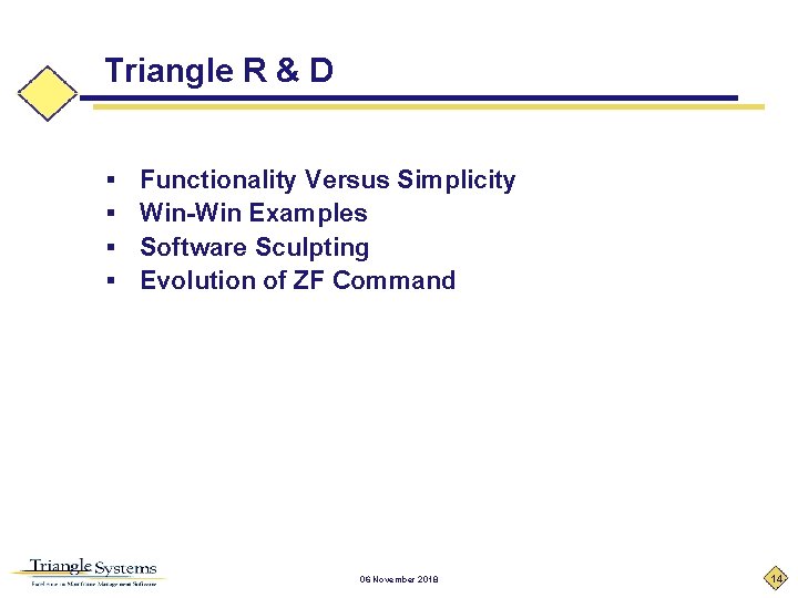 Triangle R & D § § Functionality Versus Simplicity Win-Win Examples Software Sculpting Evolution