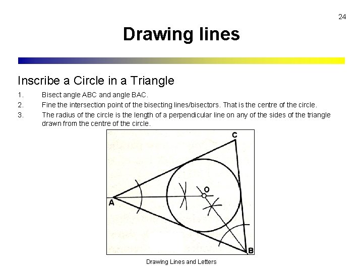 24 Drawing lines Inscribe a Circle in a Triangle 1. 2. 3. Bisect angle