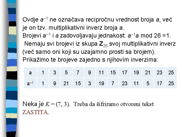 Ovdje a– 1 ne označava recipročnu vrednost broja a, već je on tzv. multiplikativni