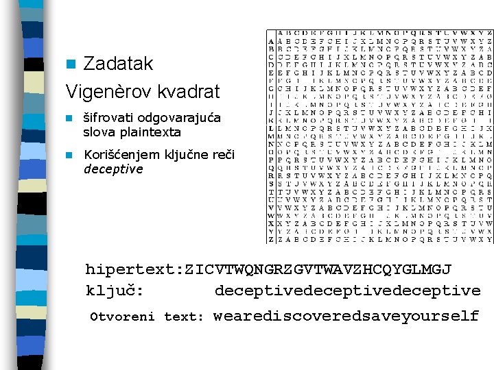 Zadatak Vigenèrov kvadrat n n šifrovati odgovarajuća slova plaintexta n Korišćenjem ključne reči deceptive