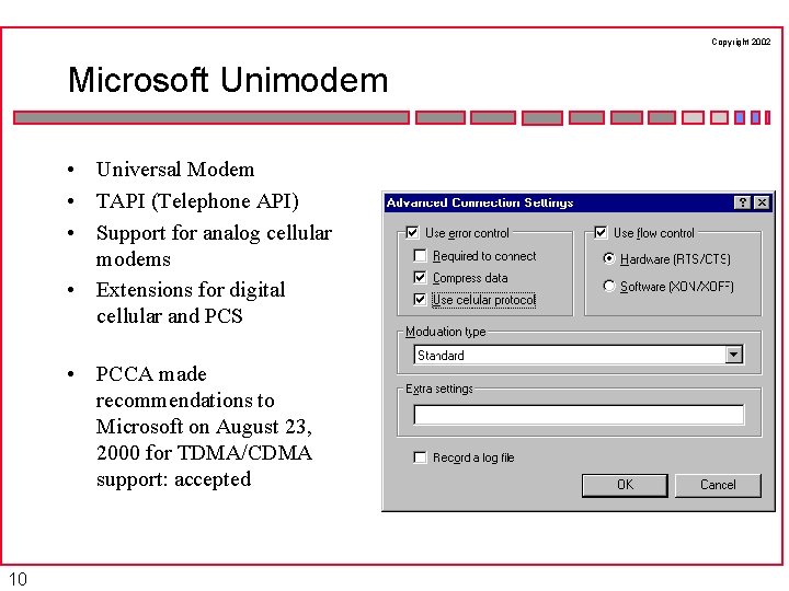 Copyright 2002 Microsoft Unimodem • Universal Modem • TAPI (Telephone API) • Support for