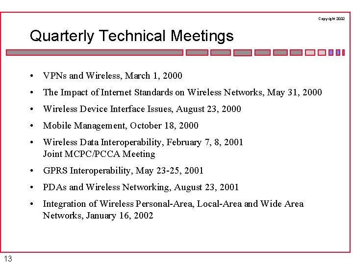 Copyright 2002 Quarterly Technical Meetings • VPNs and Wireless, March 1, 2000 • The