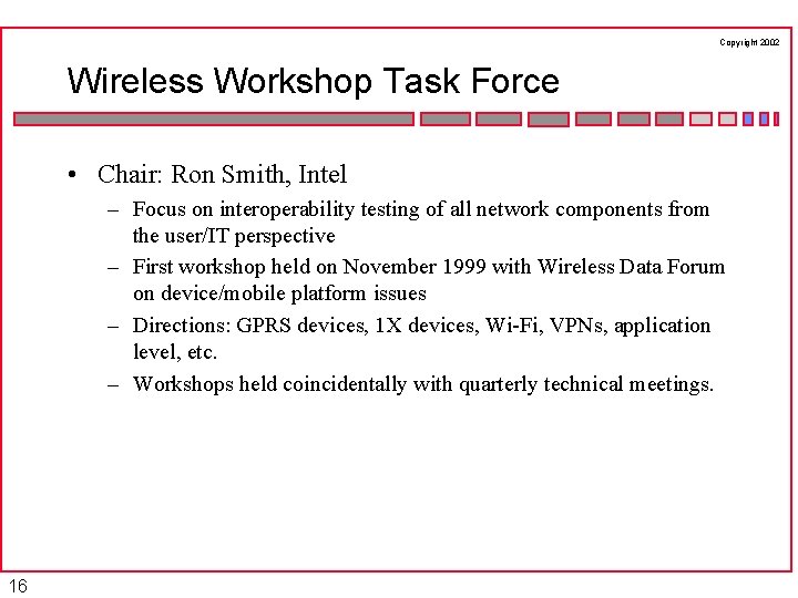 Copyright 2002 Wireless Workshop Task Force • Chair: Ron Smith, Intel – Focus on