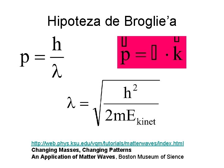 Hipoteza de Broglie’a http: //web. phys. ksu. edu/vqm/tutorials/matterwaves/index. html Changing Masses, Changing Patterns An