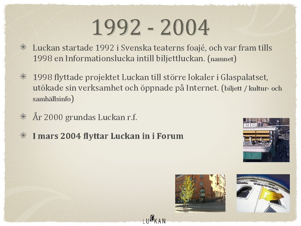 1992 - 2004 Luckan startade 1992 i Svenska teaterns foajé, och var fram tills