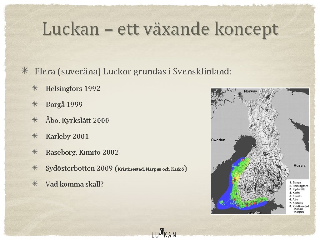 Luckan – ett växande koncept Flera (suveräna) Luckor grundas i Svenskfinland: Helsingfors 1992 Borgå