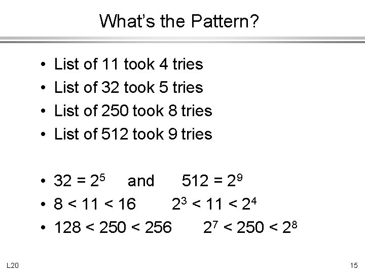 What’s the Pattern? • • List of 11 took 4 tries List of 32