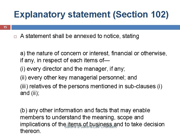 Explanatory statement (Section 102) 15 A statement shall be annexed to notice, stating a)