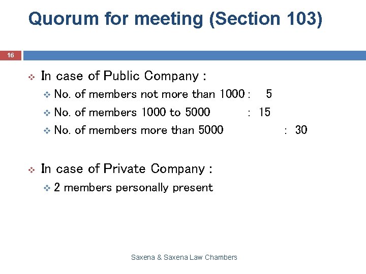 Quorum for meeting (Section 103) 16 v In case of Public Company : No.