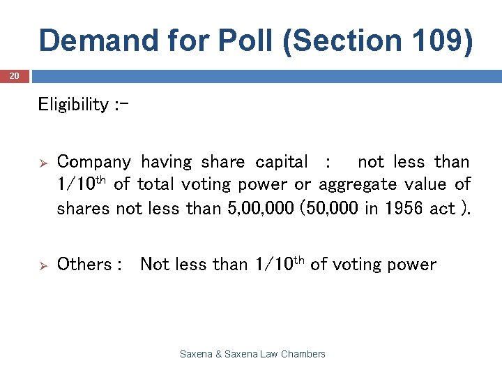 Demand for Poll (Section 109) 20 Eligibility : Ø Ø Company having share capital
