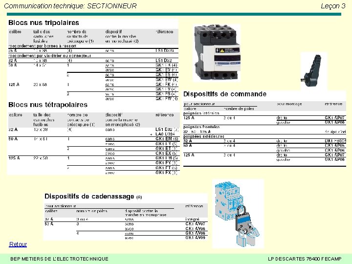 Communication technique: SECTIONNEUR Leçon 3 Retour BEP METIERS DE L’ELECTROTECHNIQUE LP DESCARTES 76400 FECAMP