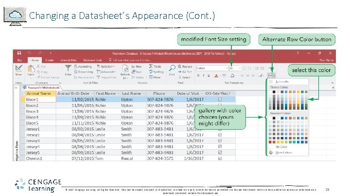 Changing a Datasheet’s Appearance (Cont. ) © 2017 Cengage Learning. All Rights Reserved. May