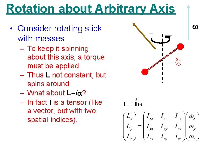 Rotation about Arbitrary Axis • Consider rotating stick with masses – To keep it